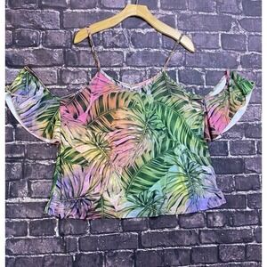 Venus Top Womens Large Green Pink Tropical Palm Leaves Cold Shoulder Tank Blouse